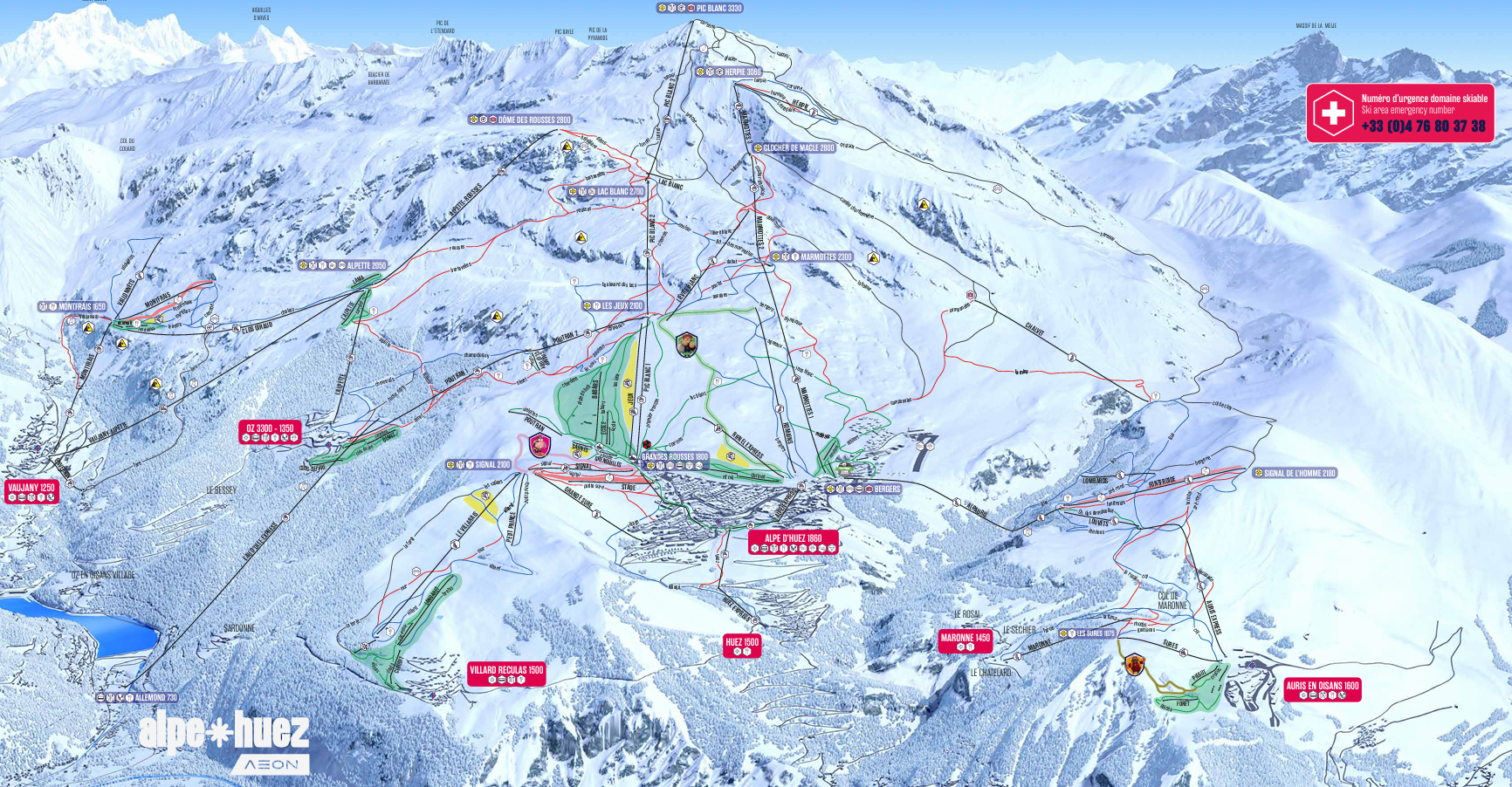 Illustrerad skidkarta över Alpe d'Huez som visar skidbackar av olika svårighetsgrad, skidliftar, bergstoppar och viktiga landmärken i ett snöigt alplandskap, med färgade linjer som anger olika backar och rutter.