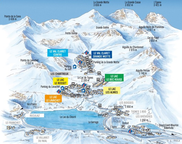 Kort beskrivning av de olika stadsområdena i Tignes