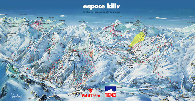 Illustrerad skidkarta över Espace Killy som visar de sammanhängande skidområdena i Val d'Isère och Tignes. Den visar berg, skidbackar, liftar och anmärkningsvärda toppar under en klarblå himmel. Perfekt för skidresande entusiaster. Logotyper från Val d'Isère och Tignes visas längst ned.