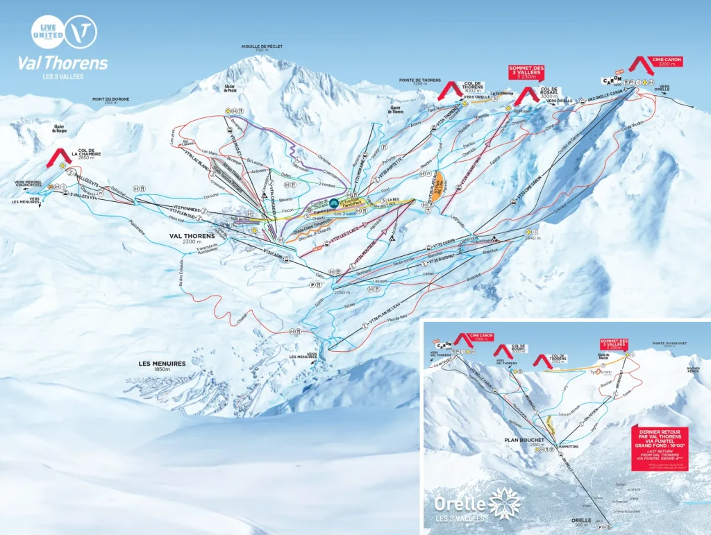 Karta över skidorten Val Thorens med olika skidbackar markerade i olika färger för olika svårighetsgrader. Perfekt för att planera din skidsemester i Val Thorens, den innehåller liftar, bergstoppar och en infälld karta som visar ett annat område. Snöklädda berg med skidbackar och anslutande spår.