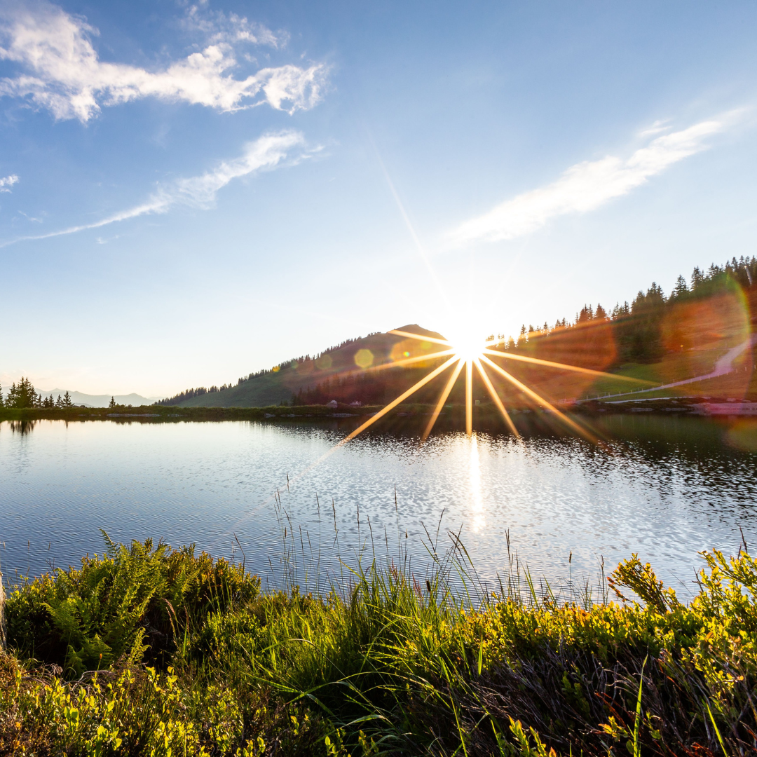 Solen står op over en sø med levende stråler, der reflekterer det rolige vand. Landskabet, der minder om en fredfyldt Sommerferie i Westendorf, er frodigt med grønne planter i forgrunden, og en bakke beklædt med træer rejser sig i horisonten under en klar blå himmel med spredte skyer.