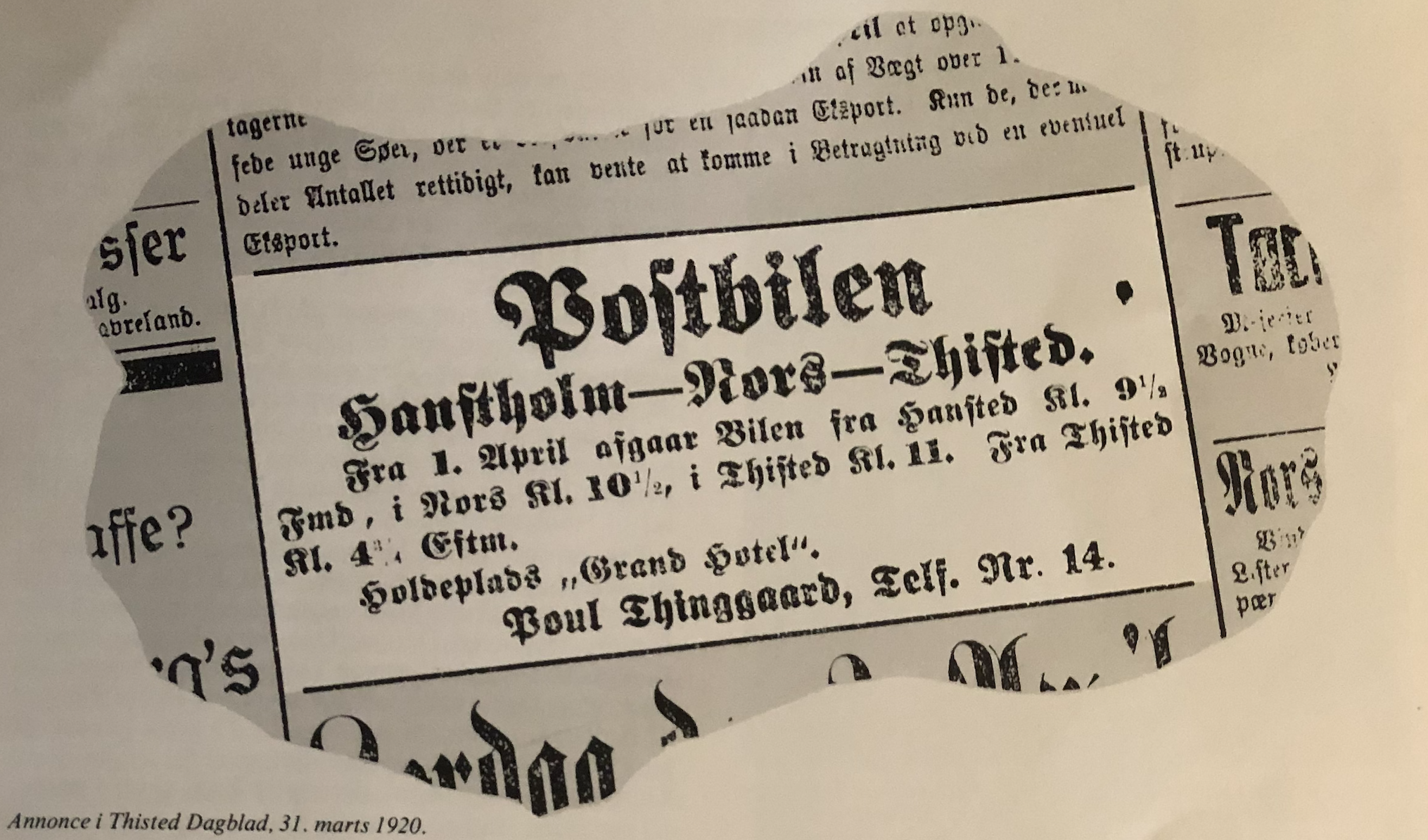 Avisannonce-fra-Thinggaards-Postbil-rute-Hanstholm-til-Thisted-i-1950-Thinggaards-historie