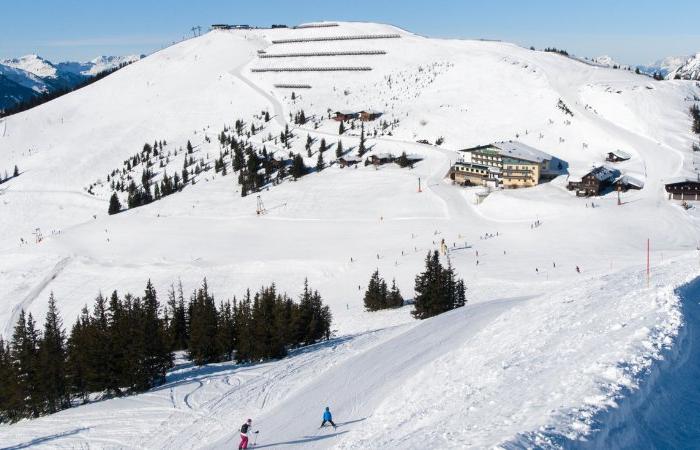 Ett snöigt berg med skidåkare i pisterna, tallar utspridda runt omkring och flera byggnader nära basen under en klarblå himmel - perfekt för en skiferie i Østrig.