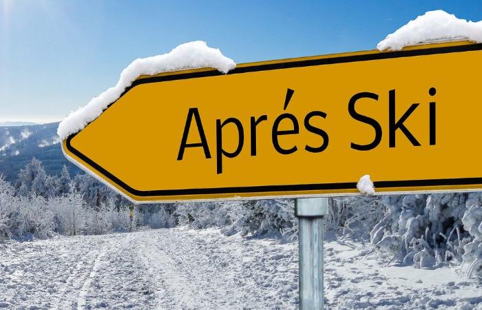 På en gul vägskylt med snö på toppen står det Après Ski mot ett vinterlandskap som för tankarna till en skiferie i Österrike med snötäckta träd och en ljusblå himmel.