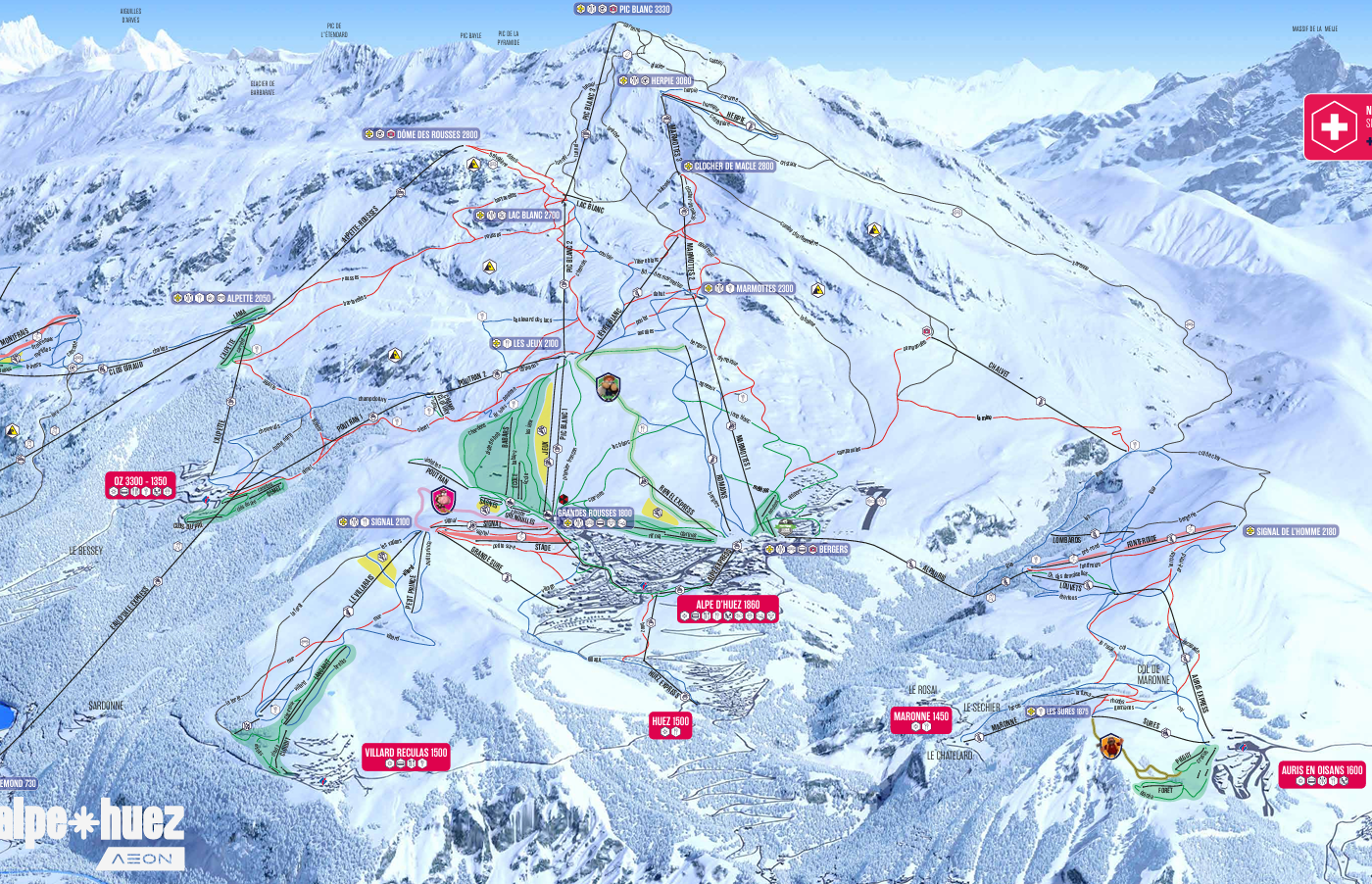 Illustreret skisportskort over Alpe d