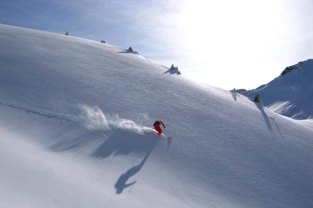 En skidåkare klädd i rött åker ner för en snöig bergssluttning i Westendorf och lämnar ett spår av puder efter sig. Solen lyser och kastar en lång skugga på den ostörda snön. Några små träd ligger utspridda längs åsen under en klarblå himmel.