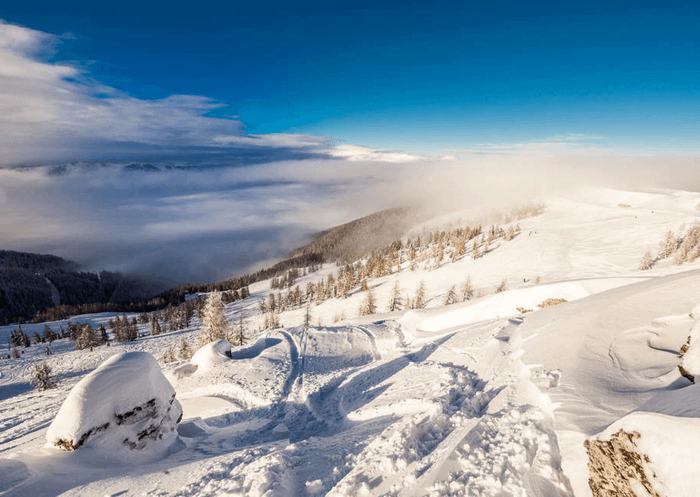 Et betagende vinterlandskab i Westendorf viser snedækkede bakker og træer under en klar blå himmel. Bløde skyer svæver over en fjern bjergkæde og tilføjer dybde til den fredfyldte scene, perfekt til skirejser. Skygger skaber tekstur på det snedækkede terræn.