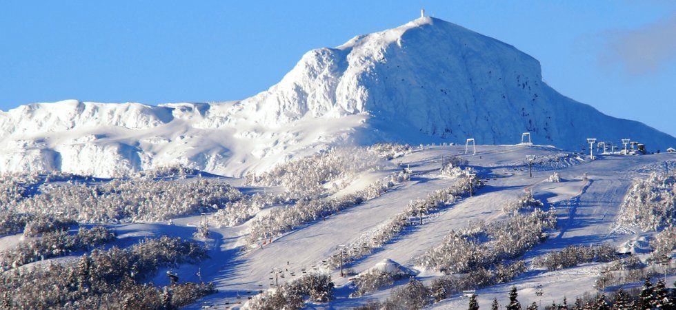 Snötäckt berg med skidbackar, skidliftar och spridda träd under en klarblå himmel - perfekt för en skiferie i Beitostølen. En topp dominerar bakgrunden med en liten struktur synlig på toppen.