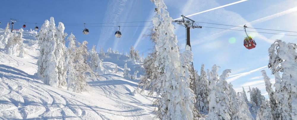 Snötäckta träd och skidbackar under en blå himmel med vita kondensstrimmor. Flera färgglada gondoler åker på en kabel ovanför det snöiga landskapet, med starkt solljus som skiner igenom.