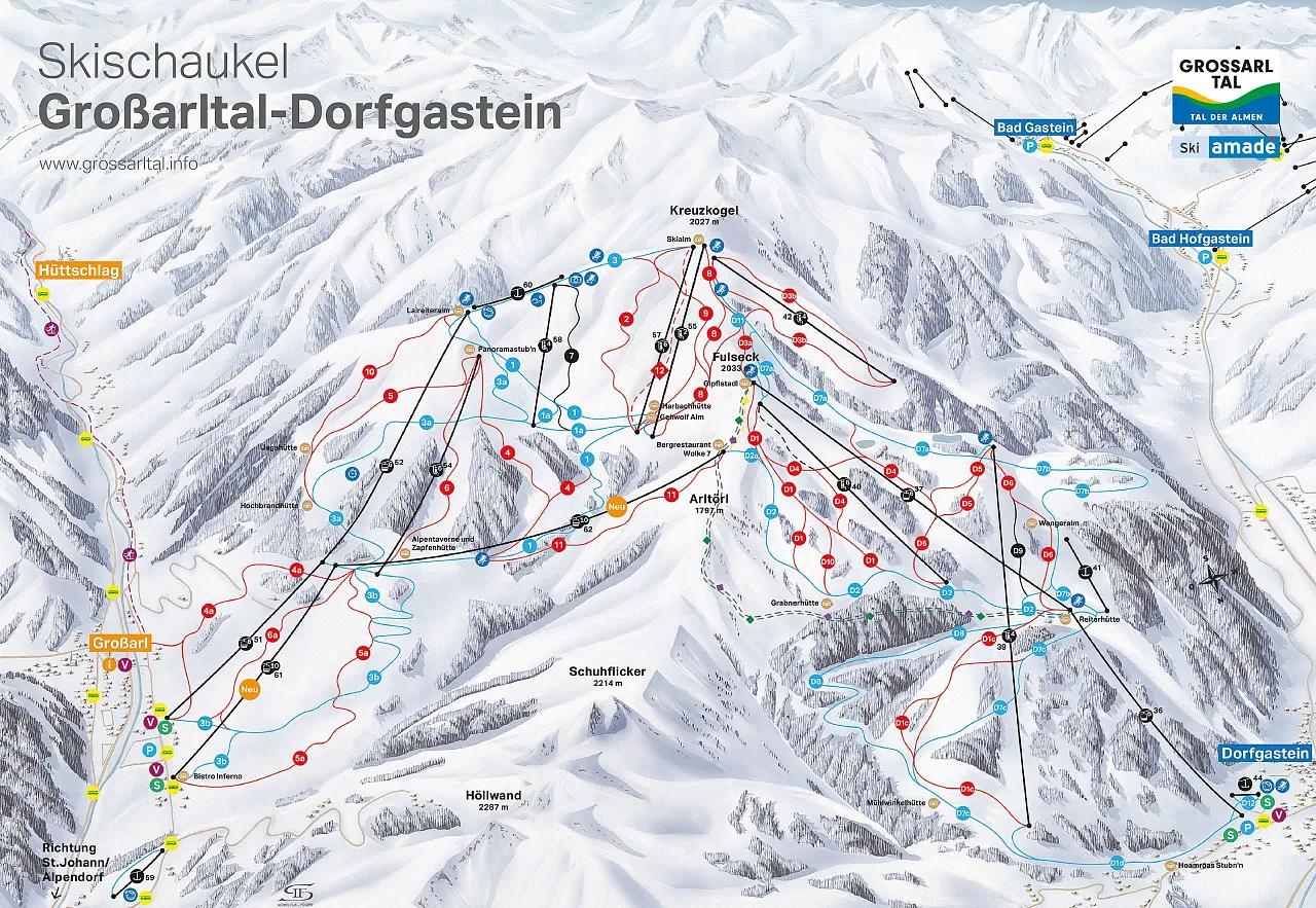 Karta över skidområdet Großarltal-Dorfgastein med skidleder i olika färger som indikerar