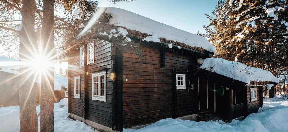 En mysig trästuga täckt av snö ligger bland höga träd med solljus som strömmar genom grenarna och skapar en ljus solstråleeffekt en klar vinterdag - perfekt för ett skiferie i Geilo.