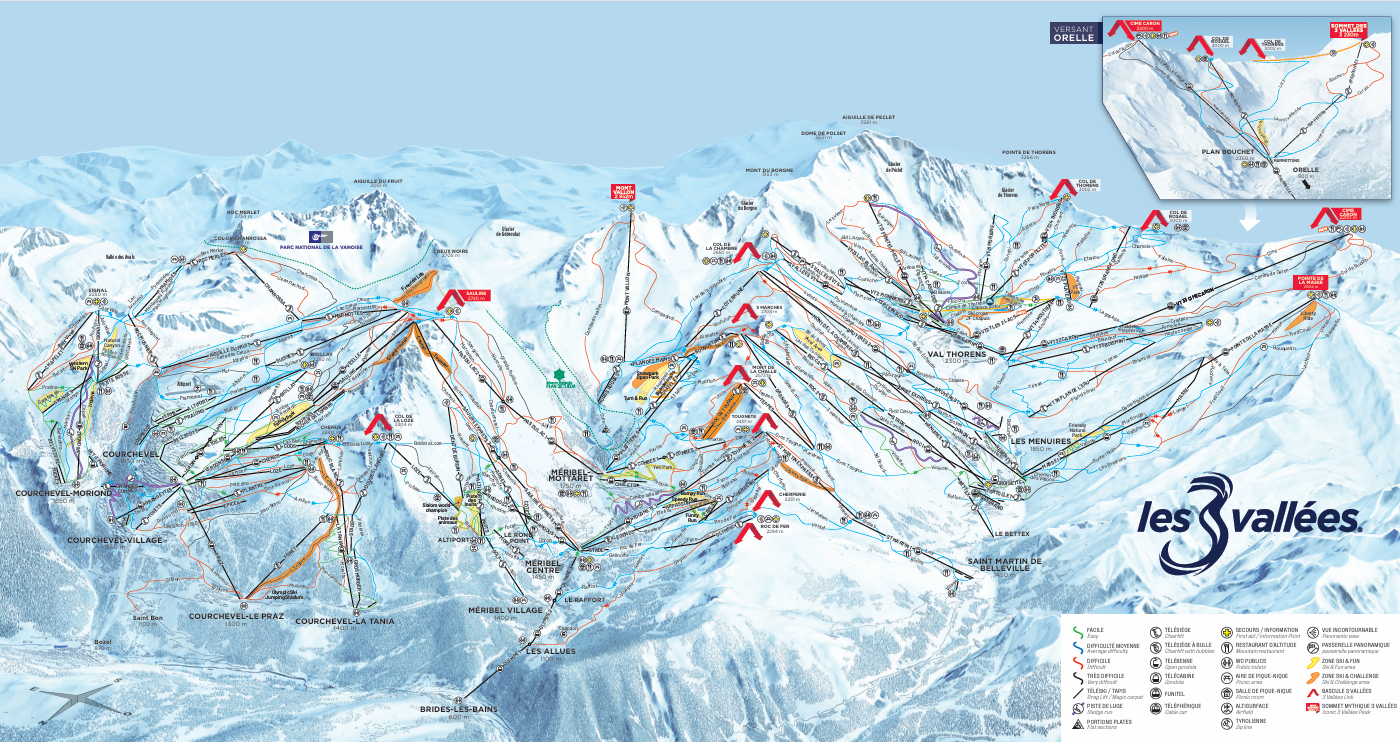 Karta över skidorten Les 3 Vallées, inklusive spår och skidliftar för en oförglömlig