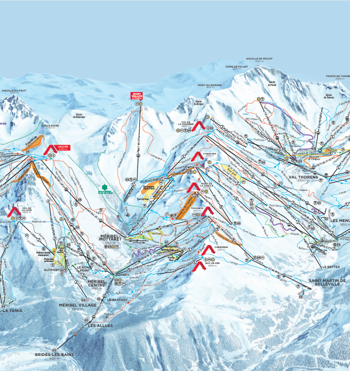 Kort over Les 3 Vallées skisportssted, inklusive stier og skilifter til en uforglemmelig skiferie i Les Menuires.