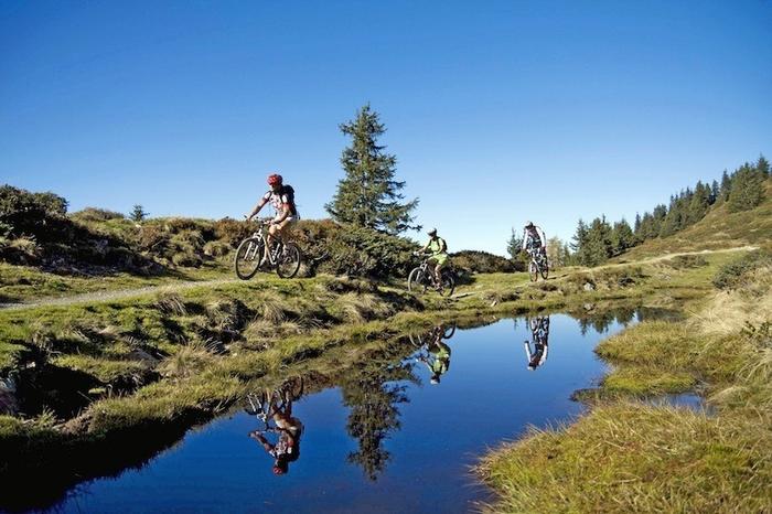 Tre cyklister cyklar mountainbikes längs en gräsbevuxen stig bredvid en reflekterande damm, omgivna av träd och under en klarblå himmel, och njuter av Saalbachs skönhet.
