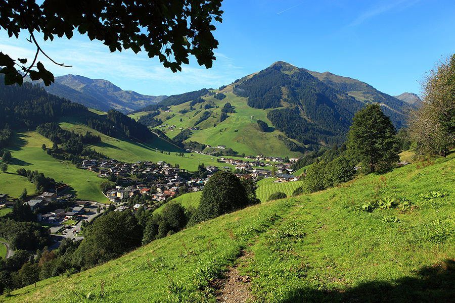 En naturskøn udsigt over en frodig grøn dal, perfekt til en sommerferie i Saalbach, med en lille landsby beliggende blandt bølgende bakker. Omgivende bjerge er dækket af skove under en klar blå himmel. En jordsti snor sig gennem den græsklædte forgrund, som fremhæves af spredte træer.