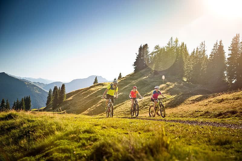 Tre cyklister kører på en græsklædt sti i et bjerglandskab under en strålende sol under deres sommerferie i Saalbach. De er omgivet af bølgende bakker og fyrretræer med fjerne bjerge i baggrunden, der fanger essensen af alpine eventyr.