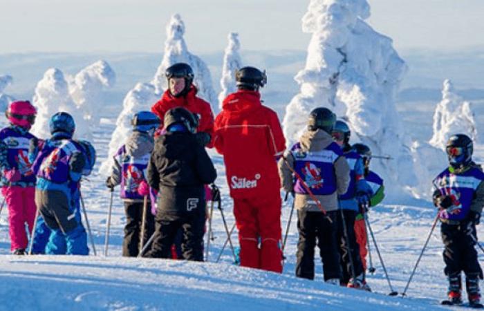 En grupp barn i färgglada skidkläder står tillsammans med två instruktörer i röda jackor i en snöig backe, omgivna av snötäckta träd under en klar, ljus himmel - och fångar glädjen i en skiferie i Sälen.
