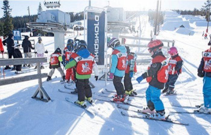 En grupp barn i färgglada skidkläder väntar i kö vid en skidlift märkt Skidskola, övervakad av vuxna under en minnesvärd skiferie i Sälen, med snöiga träd och en blå himmel i bakgrunden.
