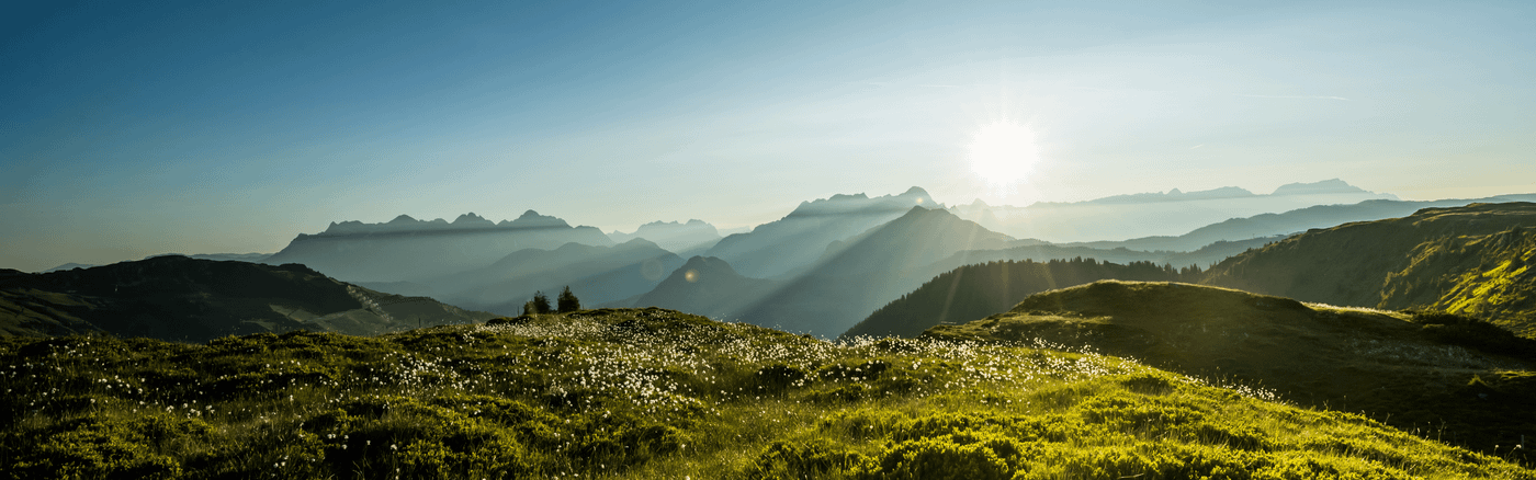 En panoramaudsigt over solbeskinnede bjerge med en skarp sol nær horisonten, der kaster lange skygger hen over landskabet. Forgrunden har frodige, grønne enge plettet med små hvide blomster.
