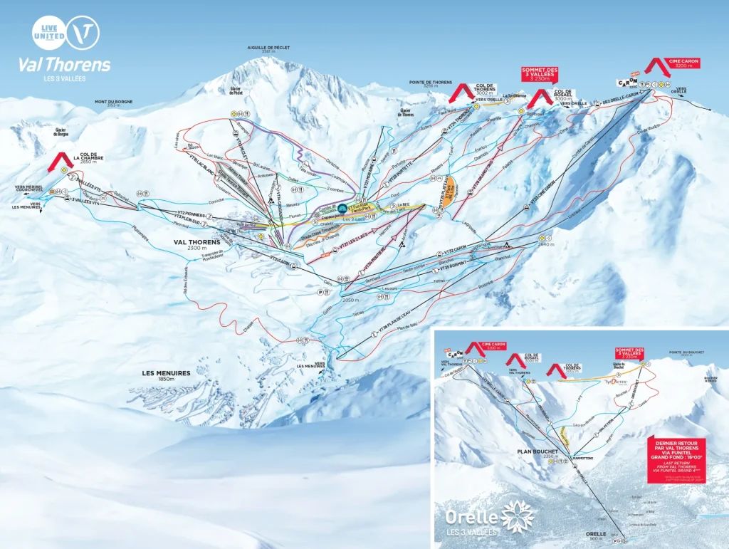 Kort over Val Thorens skisportssted med forskellige skiløjper markeret i forskellige farver for sværhedsgrader. Ideel