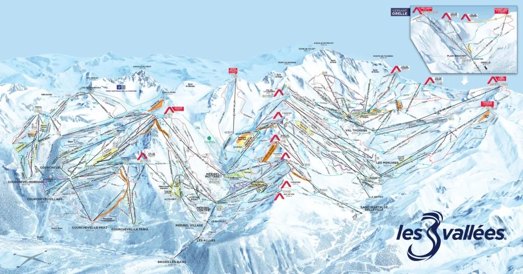 Et detaljeret stikort over Les 3 Vallées skisportssted, inklusive Skiferie i Val Thorens. Det viser forskellige