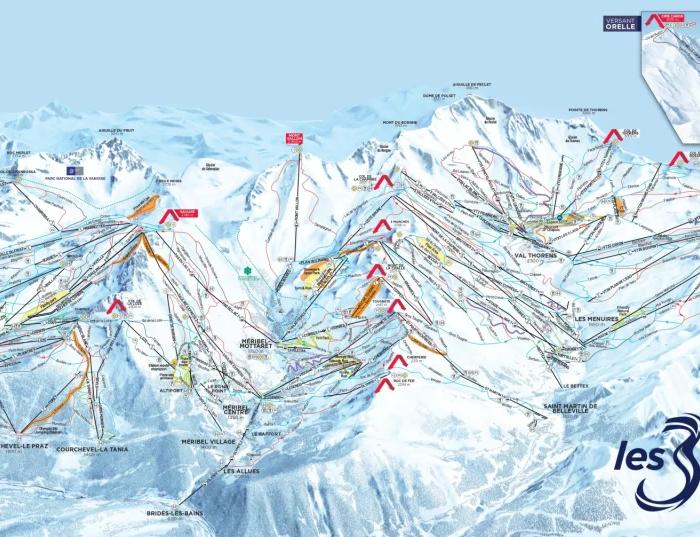 Et detaljeret stikort over Les 3 Vallées skisportssted, inklusive Skiferie i Val Thorens. Det viser forskellige
