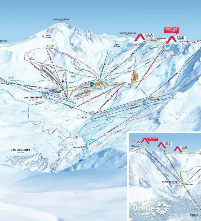Kort over Val Thorens skisportssted med forskellige skiløjper markeret i forskellige farver for sværhedsgrader. Ideel