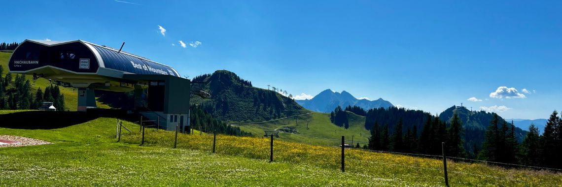 Ett gräsbevuxet bergslandskap med en skidliftstation till vänster, böljande kullar och avlägsna toppar under en klarblå himmel - perfekt för en Sommerferie i Wagrain. Vilda blommor och träd fyller den livfulla förgrunden.