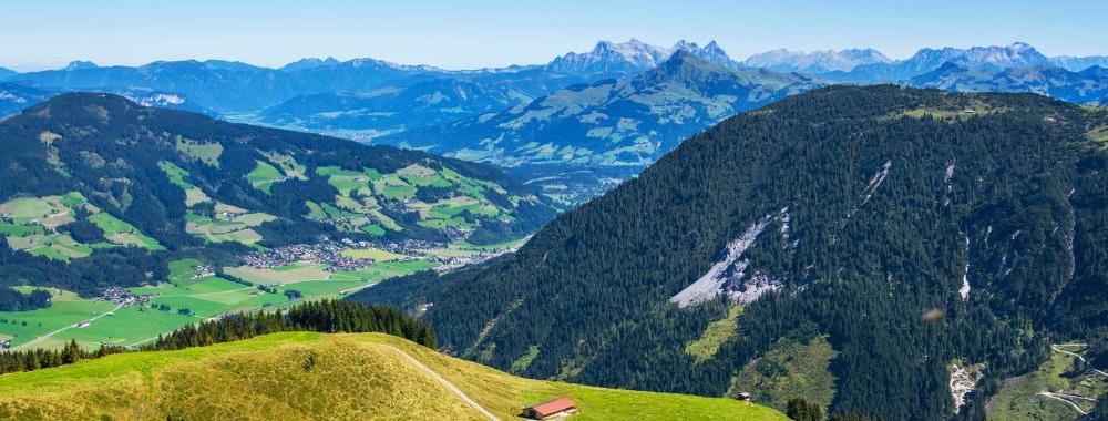 Sommerferie i Westendorf - bjerge i forgrunden og Wilder Kaiser i baggrunden