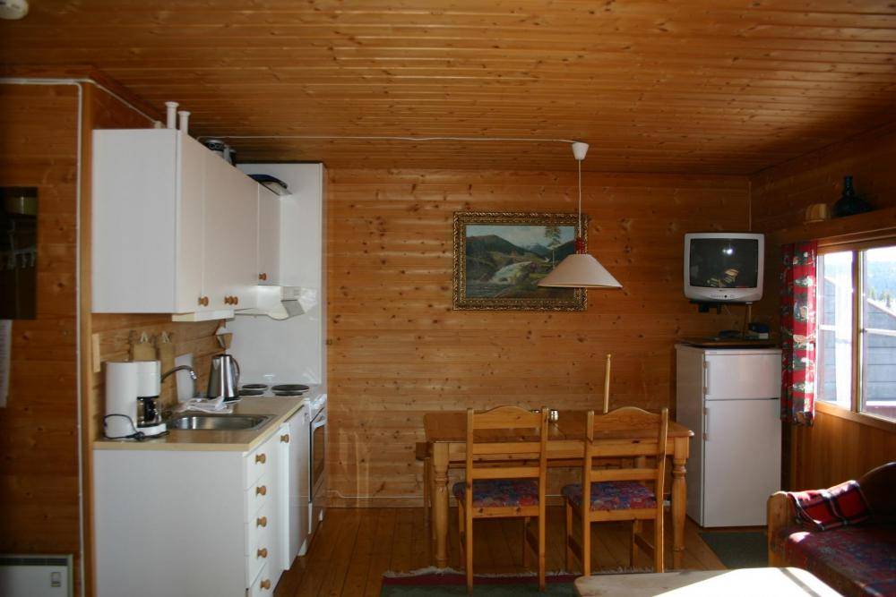 En hyggelig kabine i træ, perfekt til en skiferie, med et lille køkken med hvide skabe og hvidevarer, beliggende i Saalbach. Spiseområdet har et træbord og -stole. Et maleri pryder væggen, mens et tv sidder på toppen af det hvide køleskab.
